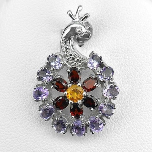Natural Amethyst Garnet and Citrine 925 Sterling Silver Pendant